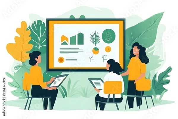 Fototapeta Eco Friendly Business Strategies Presented by Flat Style Character to a Group in a Corporate Office