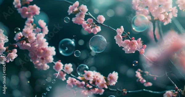 Fototapeta bubbles float in front of cherry blossoms, creating an atmosphere full of pink and green hues. The background is blurred with a dark tone, creating a dreamy feeling