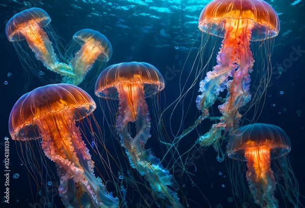 Fototapeta Beautiful jellyfish deep in the ocean. Generative AI