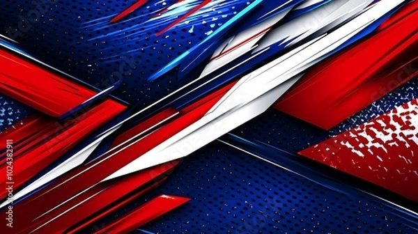 Obraz Abstract geometric design with red, white, and blue colors on a blue background with a pattern.
