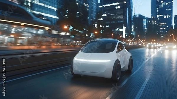 Fototapeta Futuristic autonomous vehicle seamlessly navigates the bustling night city landscape showcasing the advanced mobility and cutting edge technology that will shape the future of transportation