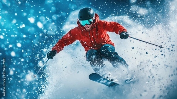 Fototapeta Skier Performs Daring Freestyle Jump in Mid Air