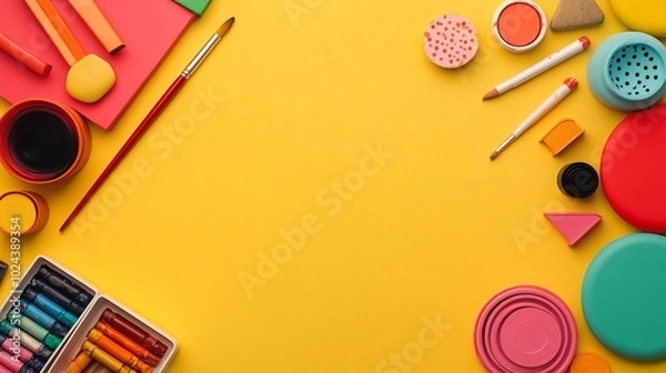 Fototapeta Colorful art supplies on a yellow background with copy space.