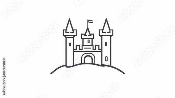 Fototapeta Black and White Line Drawing of a Castle with Two Towers and a Flag on Top