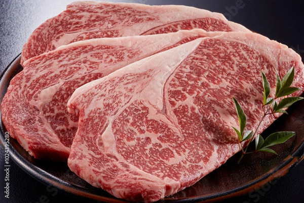 Obraz ステーキ用にカットされた生の霜降りリブロース