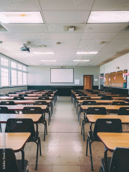 Fototapeta Spacious classroom with rows of desks and chairs, ready for students, in a clean and well-lit learning environment.