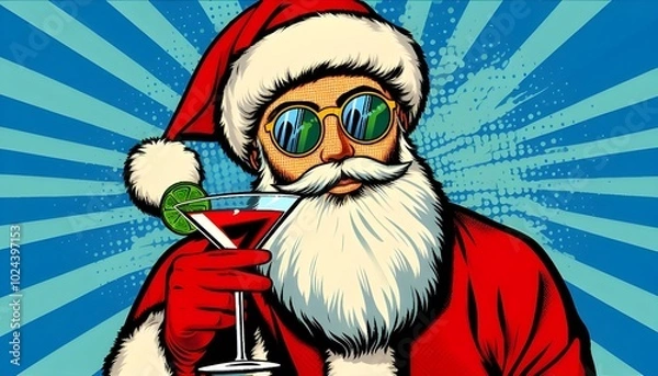 Obraz pop art santa holding a cocktail close-up background of light and dark blue rays