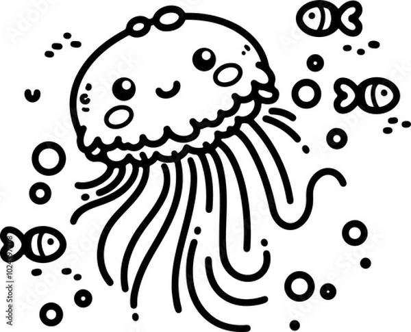 Fototapeta Cartoon jellyfish, hand-drawn in line art style. Vector illustration, isolated and perfect for kid's designs, playful projects, and underwater-themed creations.