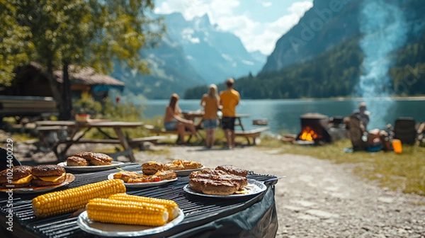 Fototapeta A group of people are gathered around a grill with plates of food