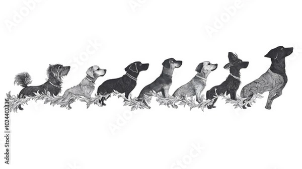 Fototapeta Seven Dogs Sitting in a Row on a Floral Background