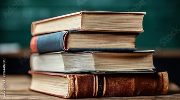 Fototapeta A picture of books piled on top of each other, perfect for representing learning and education.