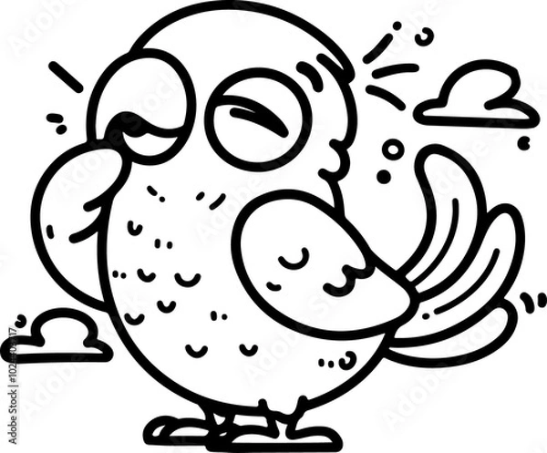 Fototapeta Cartoon parrot laughing cheerfully, hand-drawn in line art style. Vector illustration, isolated for easy use in kid's designs, playful projects, and tropical-themed creations.