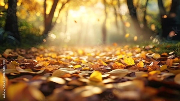 Fototapeta Sunlit Path Through Autumn Leaves in Gentle Light
