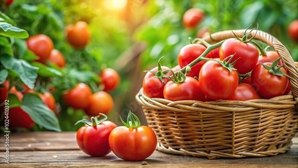 Fototapeta Tomatoes in a basket with a tomato plant in background macro