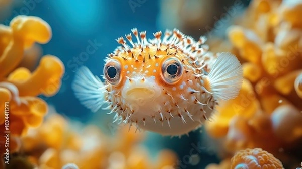 Fototapeta A close-up of a pufferfish surrounded by vibrant coral in an underwater scene.