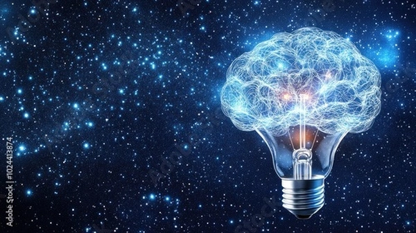 Obraz Conceptual image of a glowing light bulb with the filament in the shape of a brain, representing smart ideas, creativity, and innovative thinking.