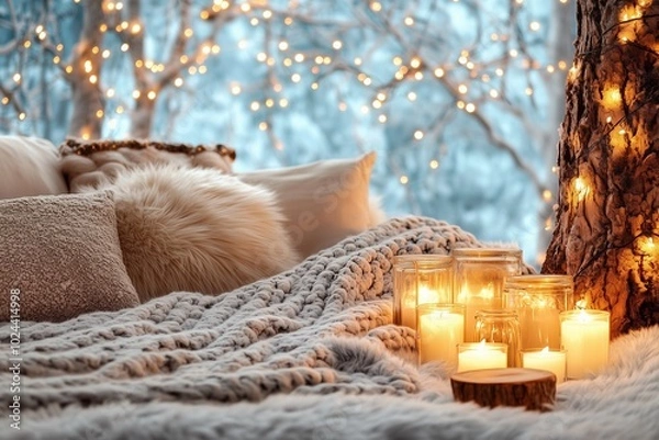 Fototapeta A cozy, winter-inspired scene featuring soft blankets, plush pillows, and glowing candles against a backdrop of twinkling lights.