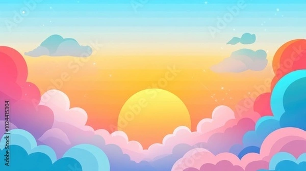 Fototapeta Abstract sky background featuring fluffy pink clouds pastel blue and yellow hues with a fantasy inspired dramatic orange sunset and a whimsical soft sunrise in a mystical 2D cartoon style