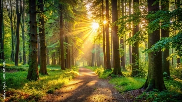 Obraz Tranquil forest walk with sunlight shining through trees forming a peaceful scene