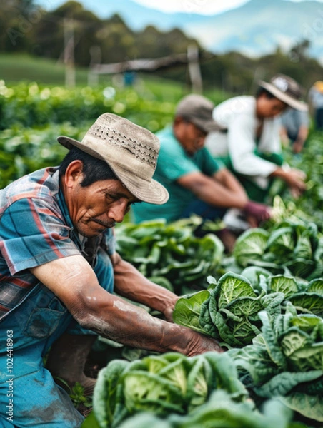 Fototapeta A group of farmers in straw hats working in a lush vegetable field, harvesting crops during a warm, sunny day.