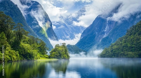 Fototapeta The magnificent Doubtful Sound fjord in Fiordland National Park, South Island, New Zealand. Mist-covered mountains, verdant forests, and calm waters combine to create a peaceful, pristine natural retr