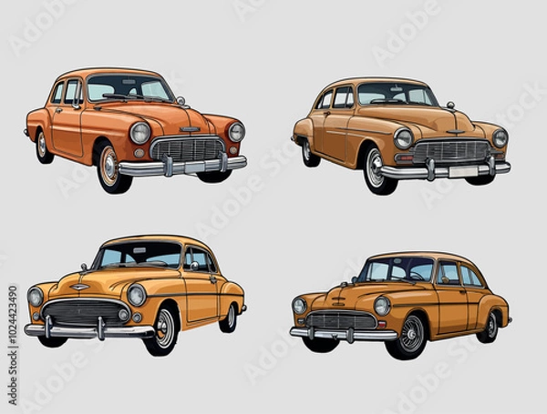 Fototapeta Four vintage cars, all orange with chrome details, are drawn in a cartoon style and set against a light gray background. vector illustration