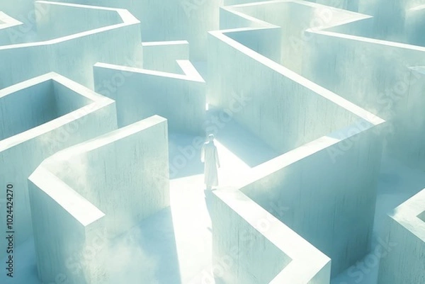 Fototapeta A lone figure dressed in white walks through a large, intricate maze with tall white walls