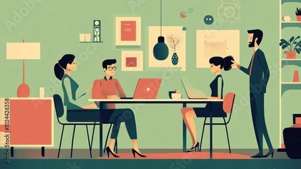 Obraz Office workers discussing projects, vector flat style with a dynamic, collaborative atmosphere
