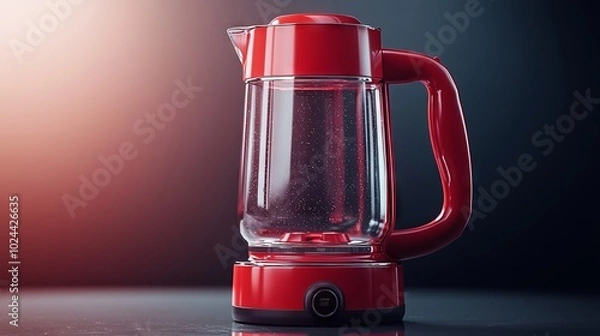 Fototapeta Red electric kettle with water inside placed on a reflective surface under soft lighting