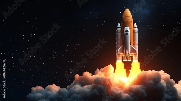 Fototapeta A rocket launches into space, leaving a trail of smoke and fire.