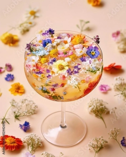 Fototapeta Luxurious Vibrant Cocktail Decorated with Colorful Spring Flowers on Neutral Background