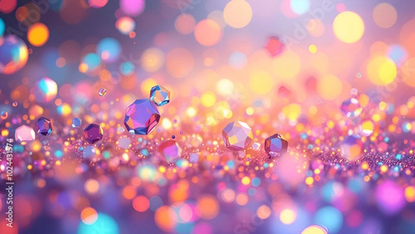 Fototapeta A vibrant background featuring out-of-focus colorful bokeh lights and iridescent gemstones, creating a visually captivating and abstract design.