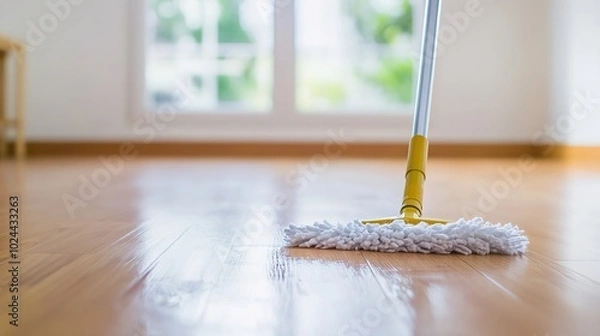 Fototapeta A diligent person is cleaning a vacant room with a mop after completing a fresh coat of paint. The scene highlights the transformation of the space, showcasing bright, newly painted walls 