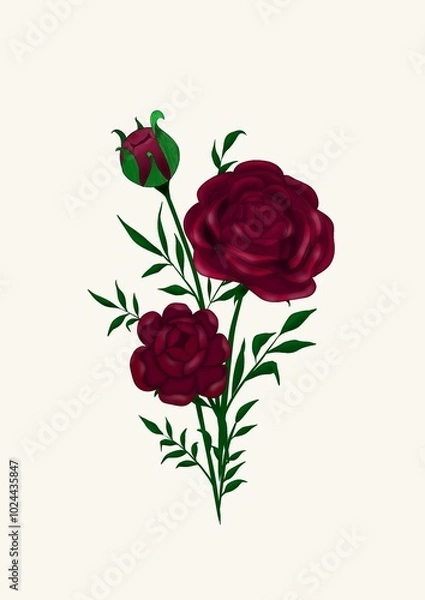 Fototapeta Two lush blooming and one bud of burgundy peonies with green stems and leaves on a beige background in the center of the illustration, close-up, side view. Spring and summer flowers.