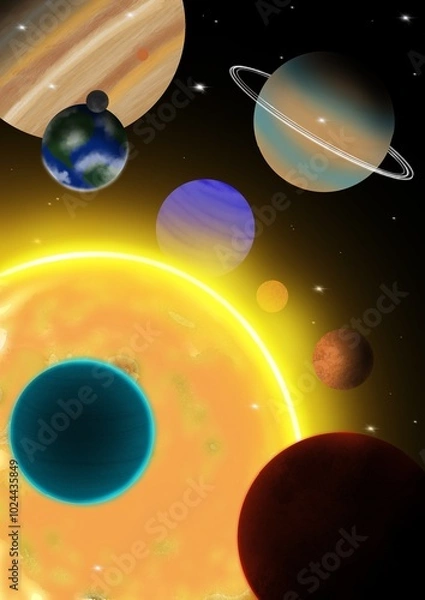Fototapeta Solar system. All eight planets of different colors and sizes revolve around the Sun in black space, illuminating it with their light, close-up. Astronomy. Science. Planets and stars.