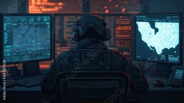 Fototapeta Soldier Operating Multiple Computer Screens at Night