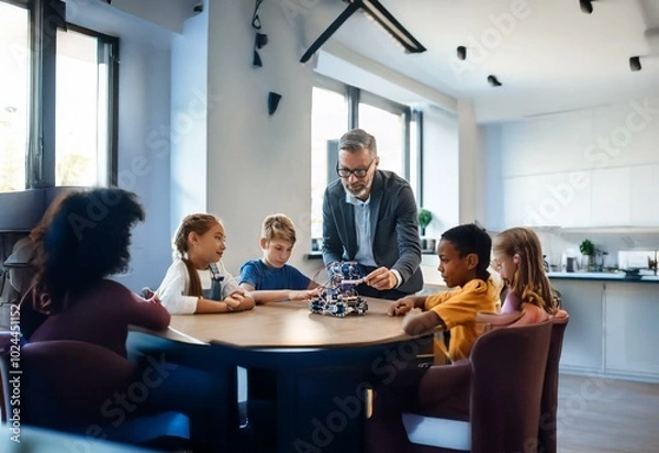 Fototapeta A teacher in a suit explains a robotics project to a diverse group of students sitting around a table.