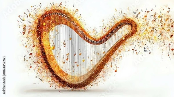 Fototapeta A stunning abstract harp artwork with vibrant orange and brown hues surrounded by a cascade of colorful musical notes, conveying energy and creativity.