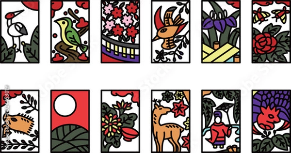 Fototapeta 12種類のカラーミニ花札アイコンセット