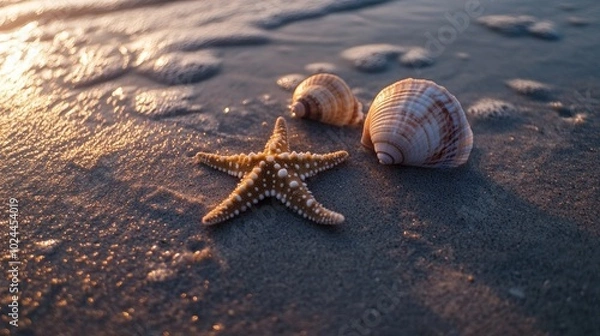 Fototapeta A starfish and two seashells lie on a sandy beach, washed up by