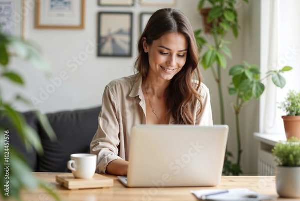 Fototapeta A smiling woman working on her laptop in a cozy home office setting, representing remote work, productivity, and a comfortable work-from-home environment..