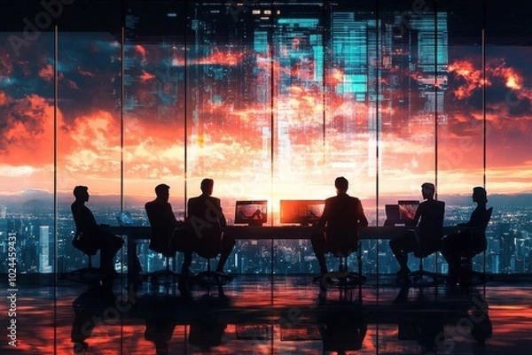 Fototapeta A futuristic office setting with silhouettes of businesspeople seated at a conference table