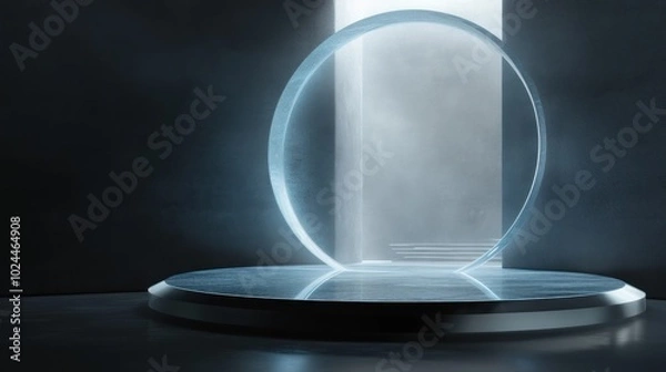 Fototapeta Futuristic Glass Portal with Platform in a Dark Room
