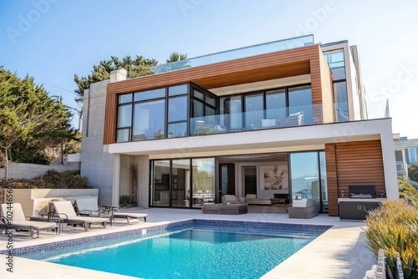 Fototapeta A luxurious waterfront home with two stories of large glass windows overlooking a pool