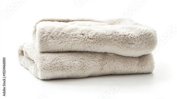 Fototapeta Two plush blankets, radiating warmth, rest isolated on a pure white backdrop. Their cozy embrace invites comfort and relaxation. 