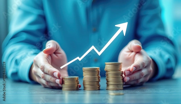 Fototapeta Upward trends in Lisbon's real estate market highlighted by businessman counting coins with an arrow graph background, representing financial success and economic growth.