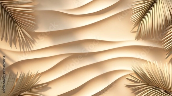 Fototapeta  Sand and shadow on the beach from palm leaves. Beige static texture. Template for travel and package design. 