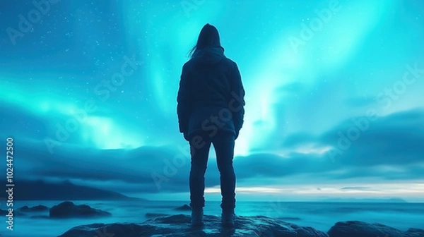 Fototapeta person stands on rocky shore, gazing at mesmerizing northern lights illuminating night sky with vibrant colors. serene atmosphere evokes sense of wonder and tranquility