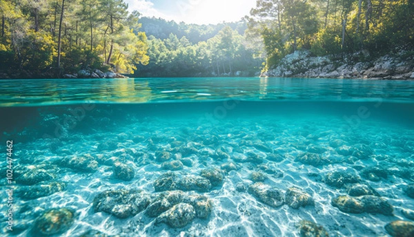 Fototapeta Pristine turquoise water with underwater view of rocky riverbed surrounded by lush forested landscape
