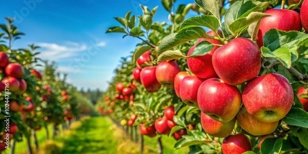 Fototapeta Overhead view of a flourishing orchard, brimming with bright red apples, highlighting nature’s richness and the delightful rewards of a bountiful harvest.
